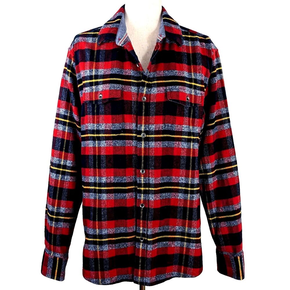 Flag & Anthem Red Plaid Long Sleeve Men's MED Metal Button Flannel Shirt